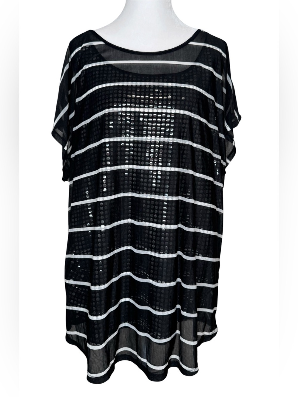 Lane Bryant Black White Striped Sheer Overlay Metallic Dot Top Size 18/20 1X